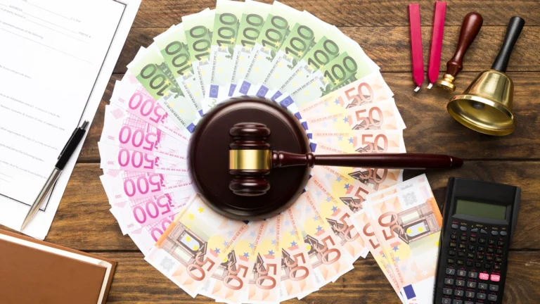 novci na stolu i sudska palica, zvono, bilježnica za poreze